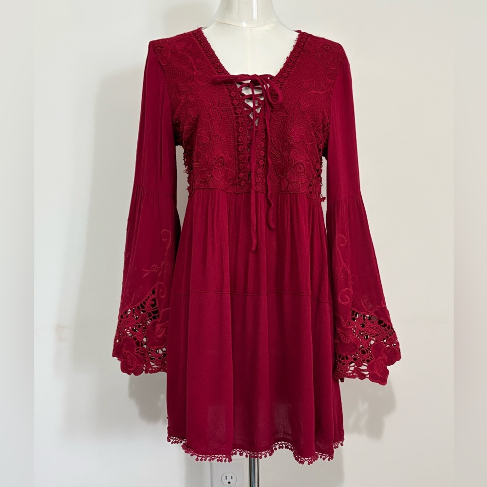HAZEL, Deep Burgundy Red, Gauzy Lace-Up Long Sleeve Dress or Top, Size M, GUC